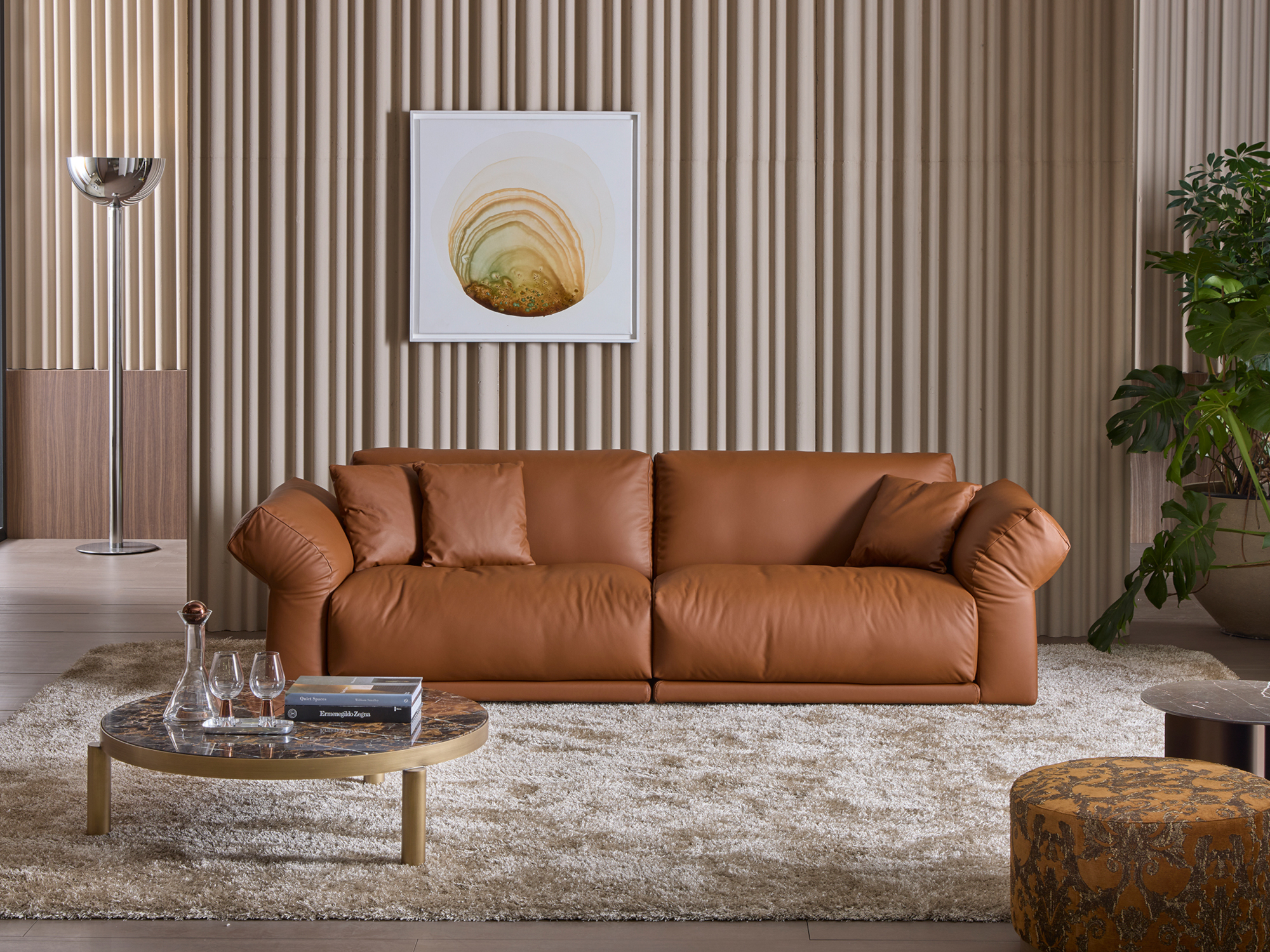 Divano lineare 3 posti in pelle acquario colore cuoio Soft