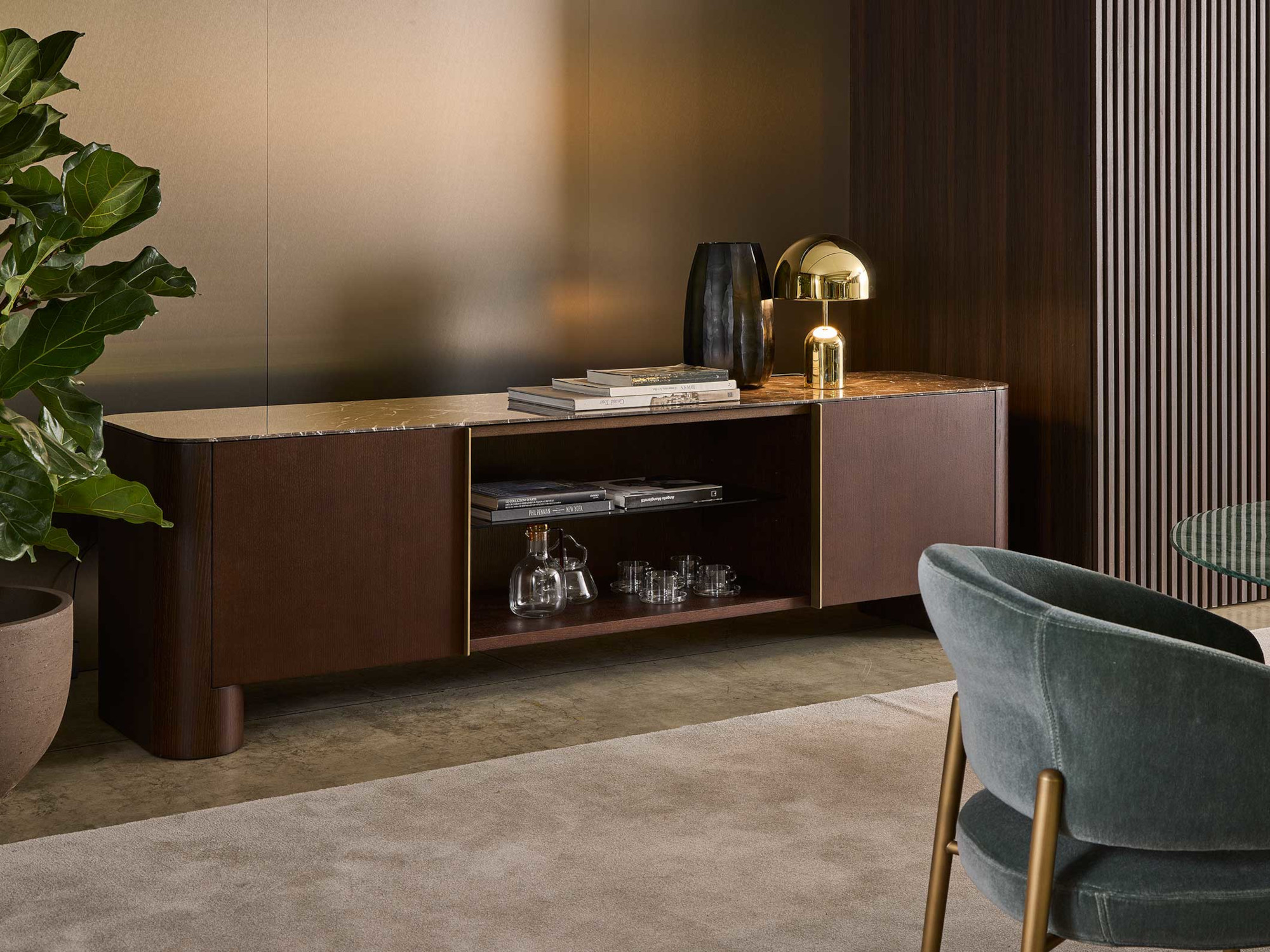 Sideboard tinted moka matt and velvet brown marble top Theo