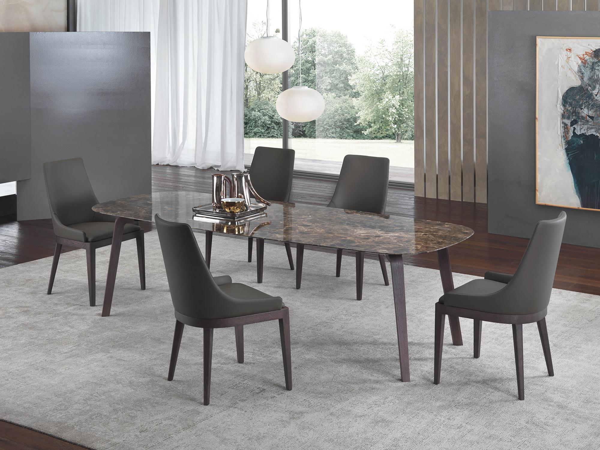 Dining table in marble top emperador and wooden base Mike